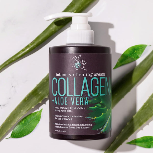 BLOOM IT'S A GREAT SKIN DAY! Collagen Cream + Aloe Vera Moisturizer Body Lotion & Face Cream | Dry Skin Rescue | Skin Tightening Cream | Skin Firming + Tightening Lotion, 15 Oz
